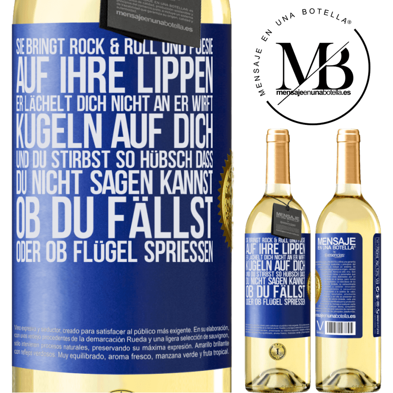 29,95 € Kostenloser Versand | Weißwein WHITE Ausgabe Sie hat Rock & Roll in ihr und Poesie auf ihre Lippen. Sie lächelt dich nicht an, sie wirft Kugeln auf dich und du stirbst so sc Blaue Markierung. Anpassbares Etikett Junger Wein Ernte 2025 Verdejo