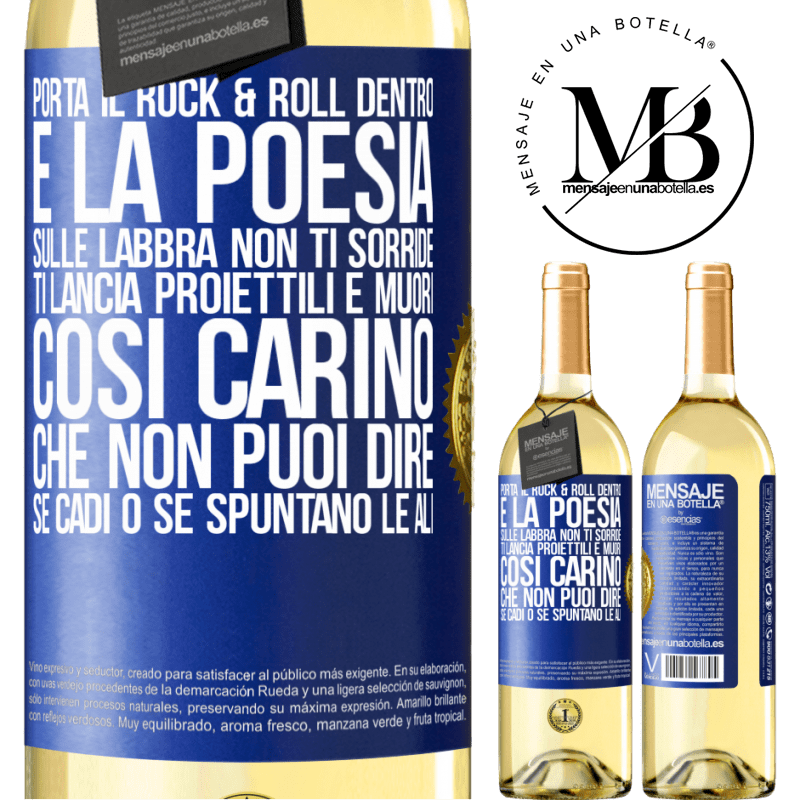 29,95 € Spedizione Gratuita | Vino bianco Edizione WHITE Porta il Rock & Roll dentro e la poesia sulle labbra. Non ti sorride, ti lancia proiettili e muori così carino che non puoi Etichetta Blu. Etichetta personalizzabile Vino giovane Raccogliere 2023 Verdejo