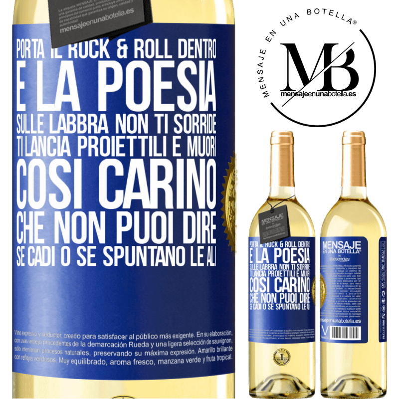 29,95 € Spedizione Gratuita | Vino bianco Edizione WHITE Porta il Rock & Roll dentro e la poesia sulle labbra. Non ti sorride, ti lancia proiettili e muori così carino che non puoi Etichetta Blu. Etichetta personalizzabile Vino giovane Raccogliere 2025 Verdejo