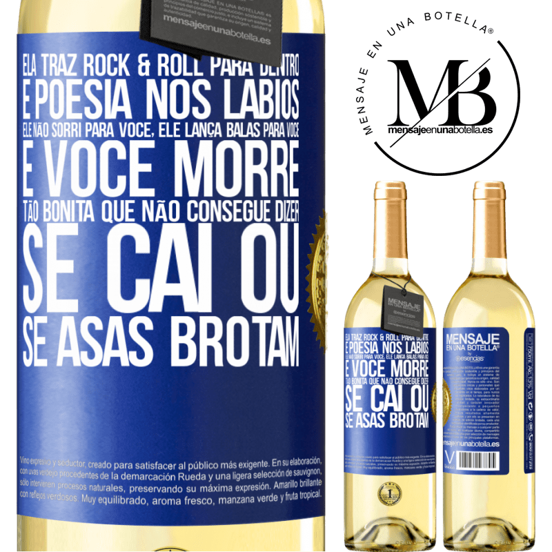 29,95 € Envio grátis | Vinho branco Edição WHITE Ela traz Rock & Roll para dentro e poesia nos lábios. Ele não sorri para você, ele lança balas para você e você morre tão Etiqueta Azul. Etiqueta personalizável Vinho jovem Colheita 2023 Verdejo