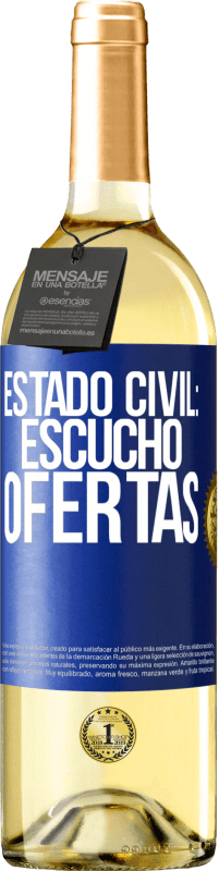 Envío gratis | Vino Blanco Edición WHITE Estado civil: escucho ofertas Etiqueta Azul. Etiqueta personalizable Vino joven Cosecha 2023 Verdejo