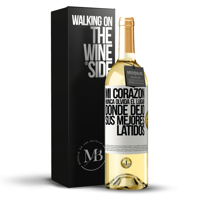 29,95 € Envío gratis | Vino Blanco Edición WHITE Mi corazón nunca olvida el lugar donde dejó sus mejores latidos Etiqueta Blanca. Etiqueta personalizable Vino joven Cosecha 2024 Verdejo