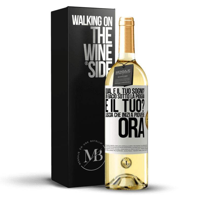 29,95 € Spedizione Gratuita | Vino bianco Edizione WHITE qual è il tuo sogno? Un bacio sotto la pioggia E il tuo? Lascia che inizi a piovere ora Etichetta Bianca. Etichetta personalizzabile Vino giovane Raccogliere 2024 Verdejo