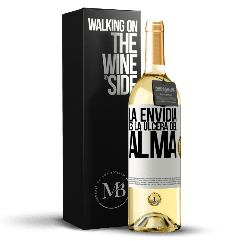 29,95 € Envío gratis | Vino Blanco Edición WHITE La envidia es la úlcera del alma Etiqueta Blanca. Etiqueta personalizable Vino joven Cosecha 2024 Verdejo