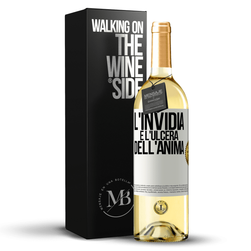 29,95 € Spedizione Gratuita | Vino bianco Edizione WHITE L'invidia è l'ulcera dell'anima Etichetta Bianca. Etichetta personalizzabile Vino giovane Raccogliere 2023 Verdejo