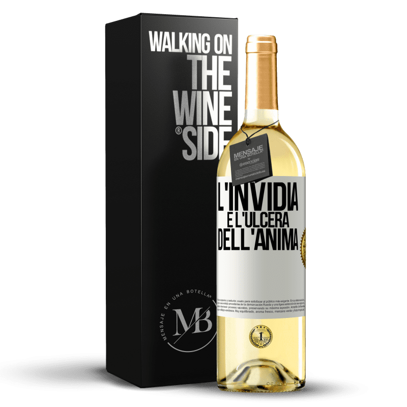 29,95 € Spedizione Gratuita | Vino bianco Edizione WHITE L'invidia è l'ulcera dell'anima Etichetta Bianca. Etichetta personalizzabile Vino giovane Raccogliere 2024 Verdejo