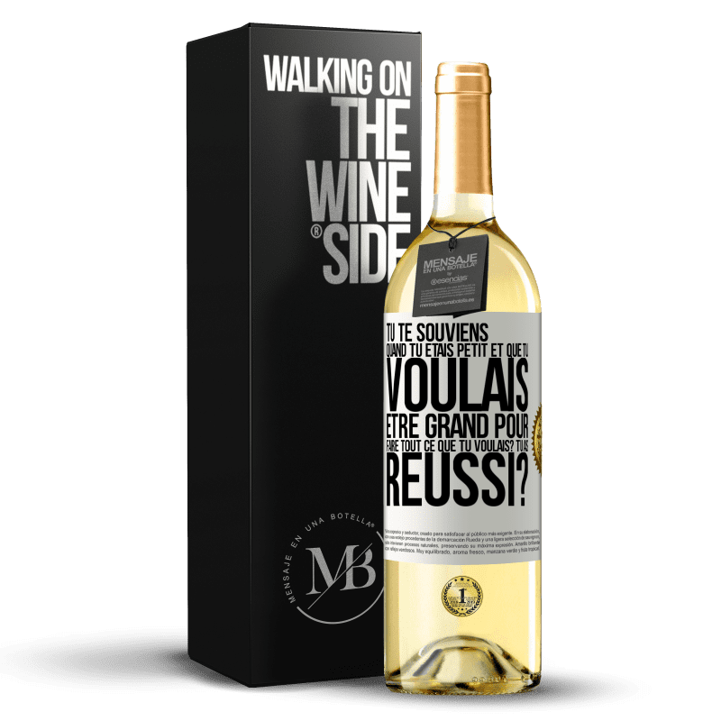 29,95 € Envoi gratuit | Vin blanc Édition WHITE Tu te souviens quand tu étais petit et que tu voulais être grand pour faire tout ce que tu voulais? Tu as réussi? Étiquette Blanche. Étiquette personnalisable Vin jeune Récolte 2024 Verdejo