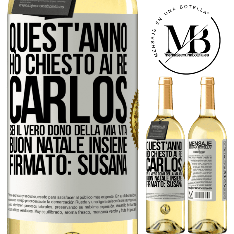 29,95 € Spedizione Gratuita | Vino bianco Edizione WHITE Quest'anno ho chiesto ai re. Carlos, sei il vero dono della mia vita. Buon Natale insieme. Firmato: Susana Etichetta Bianca. Etichetta personalizzabile Vino giovane Raccogliere 2024 Verdejo
