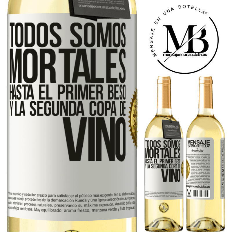 29,95 € Envío gratis | Vino Blanco Edición WHITE Todos somos mortales hasta el primer beso y la segunda copa de vino Etiqueta Blanca. Etiqueta personalizable Vino joven Cosecha 2024 Verdejo