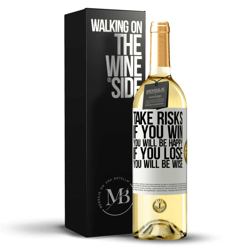 29,95 € Бесплатная доставка | Белое вино Издание WHITE Рисковать. Если вы выиграете, вы будете счастливы. Если вы проиграете, вы будете мудрыми Белая этикетка. Настраиваемая этикетка Молодое вино Урожай 2023 Verdejo