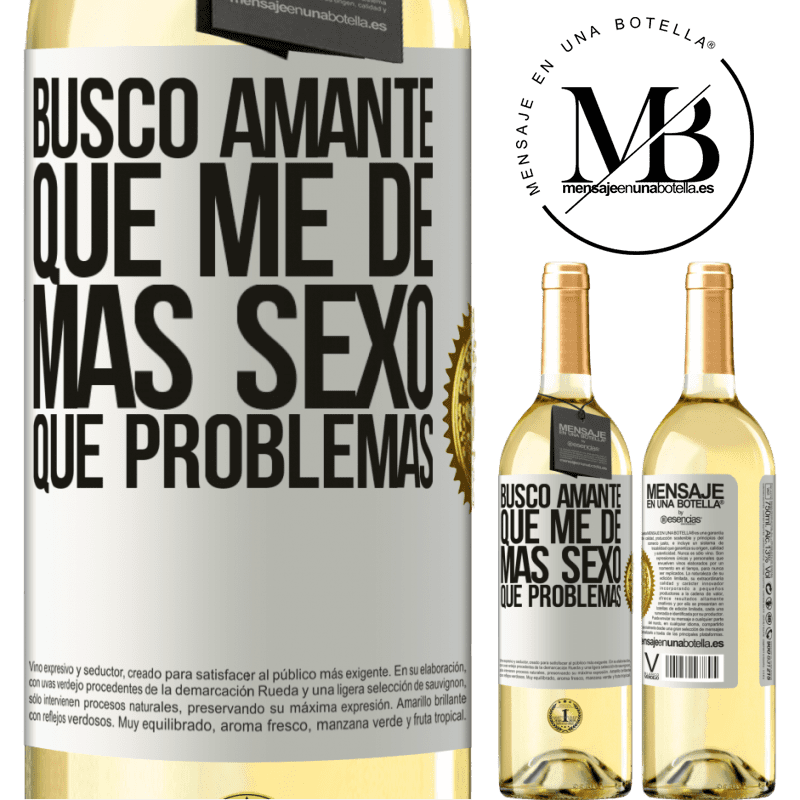 29,95 € Envío gratis | Vino Blanco Edición WHITE Busco amante que me de más sexo que problemas Etiqueta Blanca. Etiqueta personalizable Vino joven Cosecha 2023 Verdejo