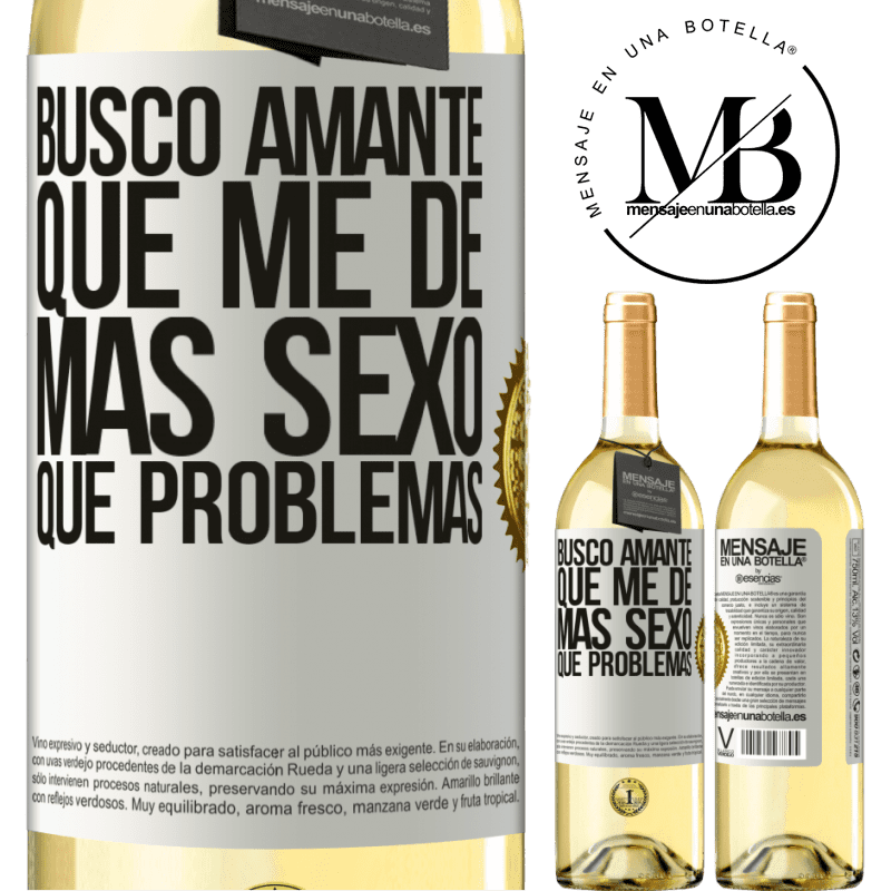 29,95 € Envío gratis | Vino Blanco Edición WHITE Busco amante que me de más sexo que problemas Etiqueta Blanca. Etiqueta personalizable Vino joven Cosecha 2025 Verdejo