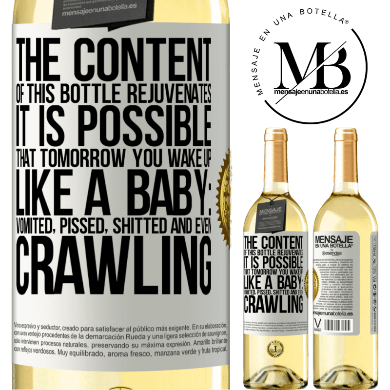 29,95 € Free Shipping | White Wine WHITE Edition The content of this bottle rejuvenates. It is possible that tomorrow you wake up like a baby: vomited, pissed, shitted and White Label. Customizable label Young wine Harvest 2024 Verdejo