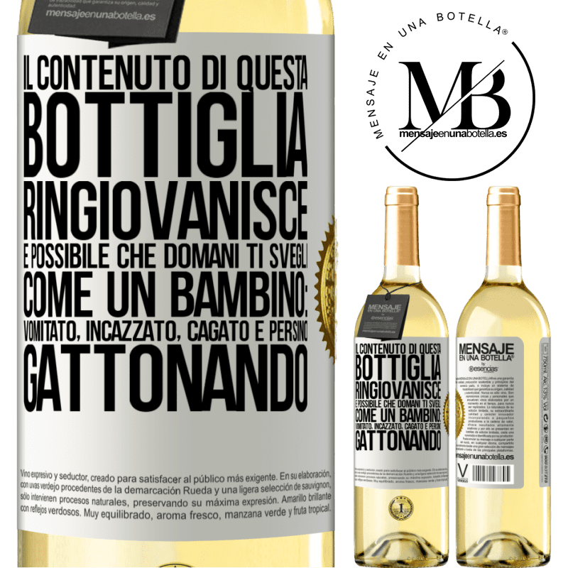 29,95 € Spedizione Gratuita | Vino bianco Edizione WHITE Il contenuto di questa bottiglia ringiovanisce. È possibile che domani ti svegli come un bambino: vomitato, incazzato, Etichetta Bianca. Etichetta personalizzabile Vino giovane Raccogliere 2024 Verdejo