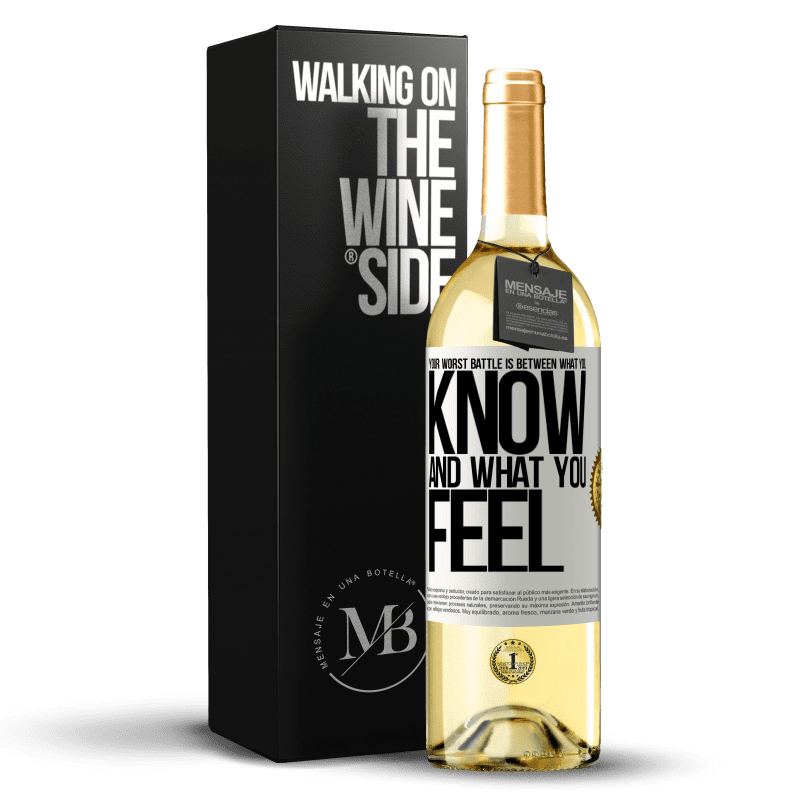 29,95 € Бесплатная доставка | Белое вино Издание WHITE Твоя худшая битва - между тем, что ты знаешь, и тем, что чувствуешь Белая этикетка. Настраиваемая этикетка Молодое вино Урожай 2023 Verdejo