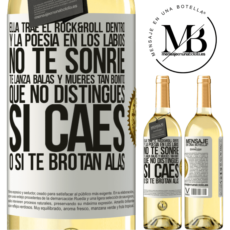 29,95 € Envío gratis | Vino Blanco Edición WHITE Ella trae el Rock&Roll dentro y la poesía en los labios. No te sonríe, te lanza balas, y mueres tan bonito, que no Etiqueta Blanca. Etiqueta personalizable Vino joven Cosecha 2023 Verdejo