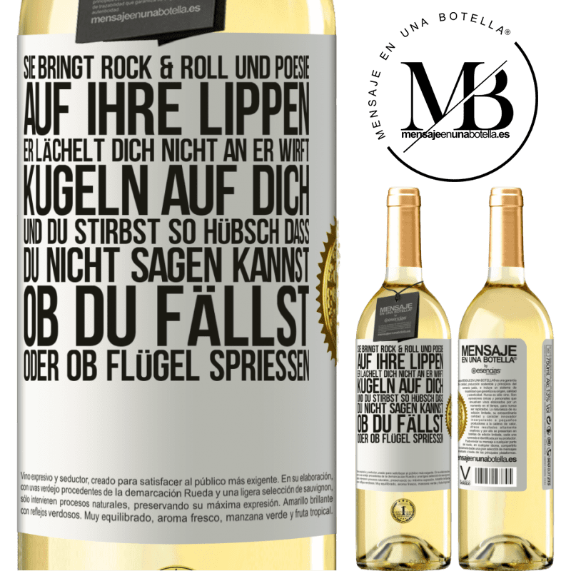 29,95 € Kostenloser Versand | Weißwein WHITE Ausgabe Sie hat Rock & Roll in ihr und Poesie auf ihre Lippen. Sie lächelt dich nicht an, sie wirft Kugeln auf dich und du stirbst so sc Weißes Etikett. Anpassbares Etikett Junger Wein Ernte 2023 Verdejo