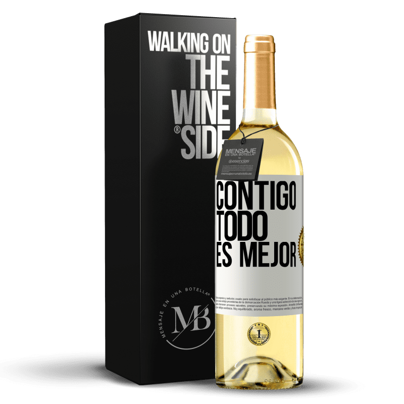 29,95 € Envío gratis | Vino Blanco Edición WHITE Contigo todo es mejor Etiqueta Blanca. Etiqueta personalizable Vino joven Cosecha 2024 Verdejo