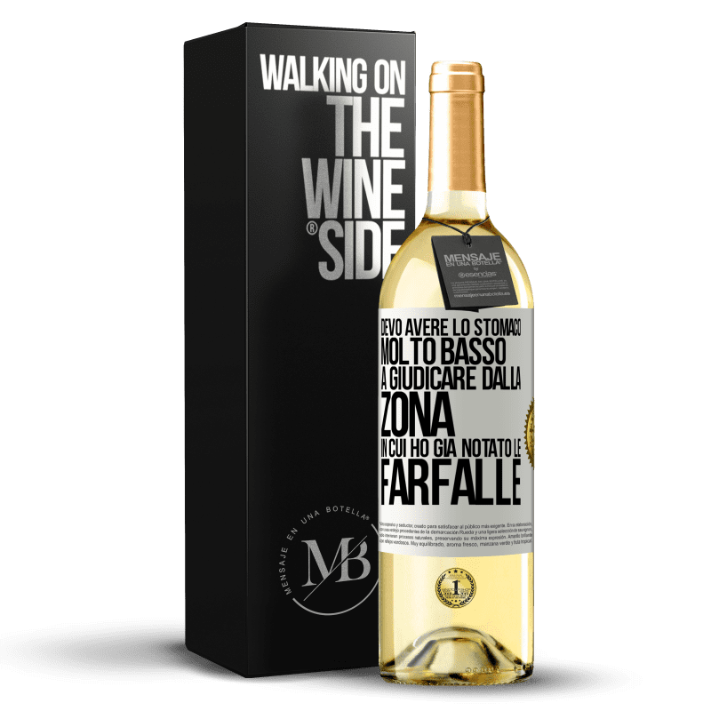 29,95 € Spedizione Gratuita | Vino bianco Edizione WHITE Devo avere lo stomaco molto basso a giudicare dalla zona in cui ho già notato le farfalle Etichetta Bianca. Etichetta personalizzabile Vino giovane Raccogliere 2023 Verdejo