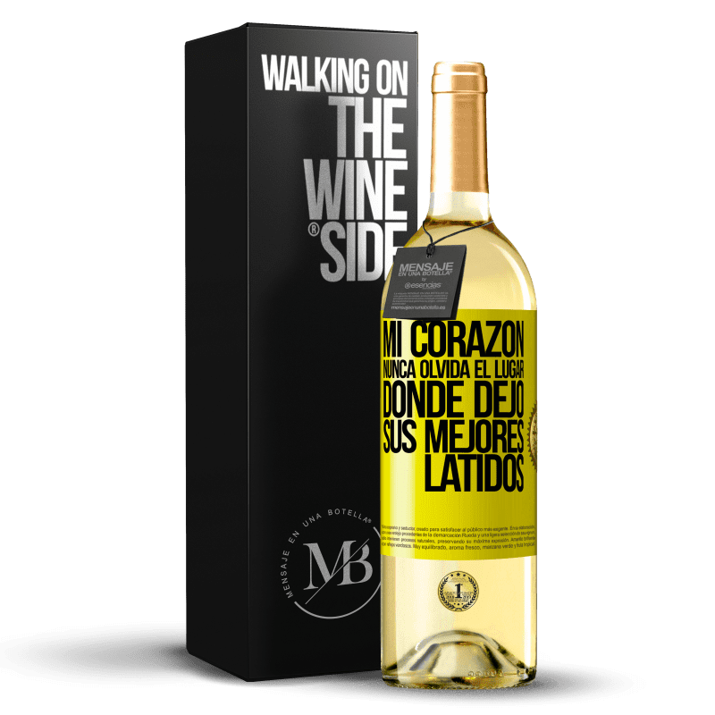 29,95 € Envío gratis | Vino Blanco Edición WHITE Mi corazón nunca olvida el lugar donde dejó sus mejores latidos Etiqueta Amarilla. Etiqueta personalizable Vino joven Cosecha 2025 Verdejo