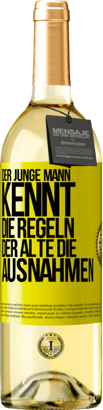 29,95 € Kostenloser Versand | Weißwein WHITE Ausgabe Der junge Mann kennt die Regeln, der Alte die Ausnahmen Gelbes Etikett. Anpassbares Etikett Junger Wein Ernte 2023 Verdejo