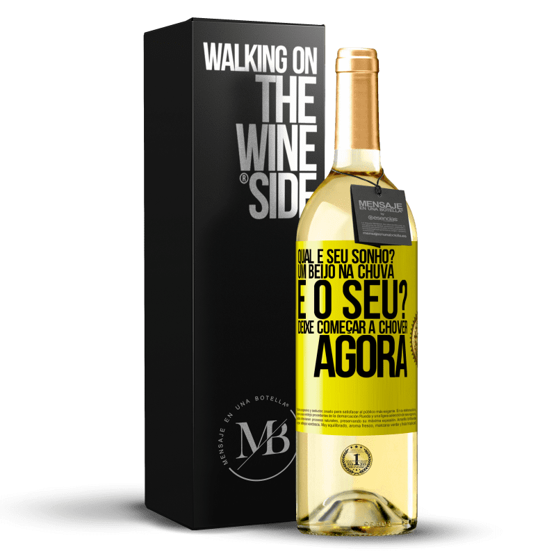 29,95 € Envio grátis | Vinho branco Edição WHITE qual é seu sonho? Um beijo na chuva. E o seu? Deixe começar a chover agora Etiqueta Amarela. Etiqueta personalizável Vinho jovem Colheita 2024 Verdejo