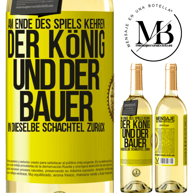 29,95 € Kostenloser Versand | Weißwein WHITE Ausgabe Am Ende des Spiels kehren der König und der Bauer in dieselbe Schachtel zurück Gelbes Etikett. Anpassbares Etikett Junger Wein Ernte 2024 Verdejo