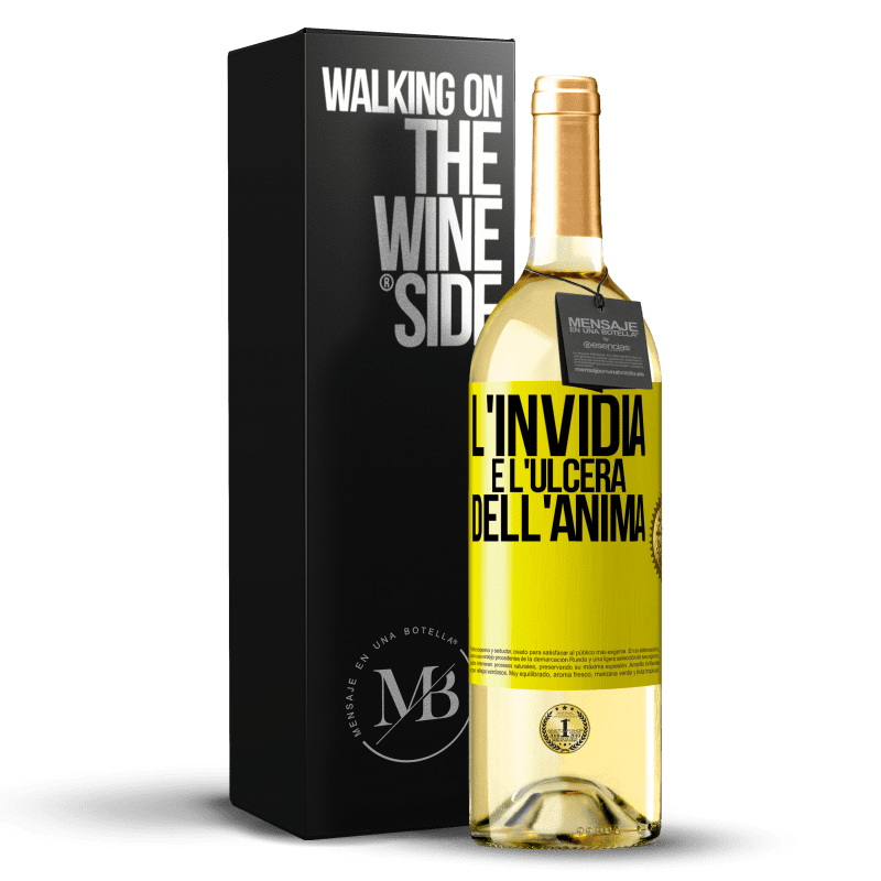 29,95 € Spedizione Gratuita | Vino bianco Edizione WHITE L'invidia è l'ulcera dell'anima Etichetta Gialla. Etichetta personalizzabile Vino giovane Raccogliere 2023 Verdejo
