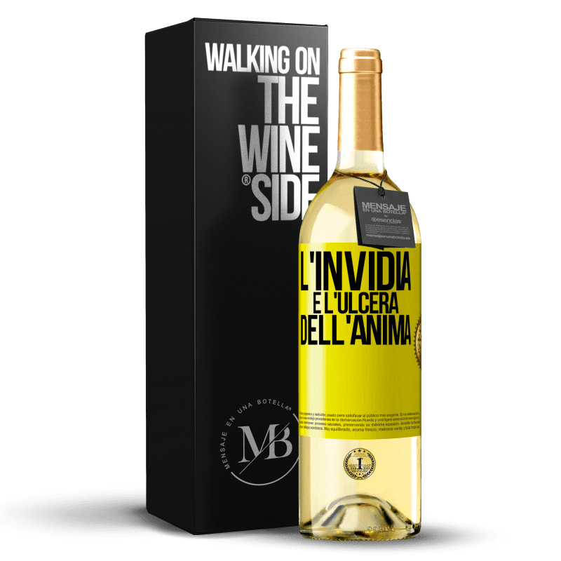 29,95 € Spedizione Gratuita | Vino bianco Edizione WHITE L'invidia è l'ulcera dell'anima Etichetta Gialla. Etichetta personalizzabile Vino giovane Raccogliere 2024 Verdejo