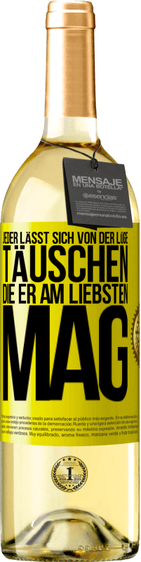 29,95 € | Weißwein WHITE Ausgabe Jeder lässt sich von der Lüge täuschen, die er am liebsten mag Gelbes Etikett. Anpassbares Etikett Junger Wein Ernte 2025 Verdejo