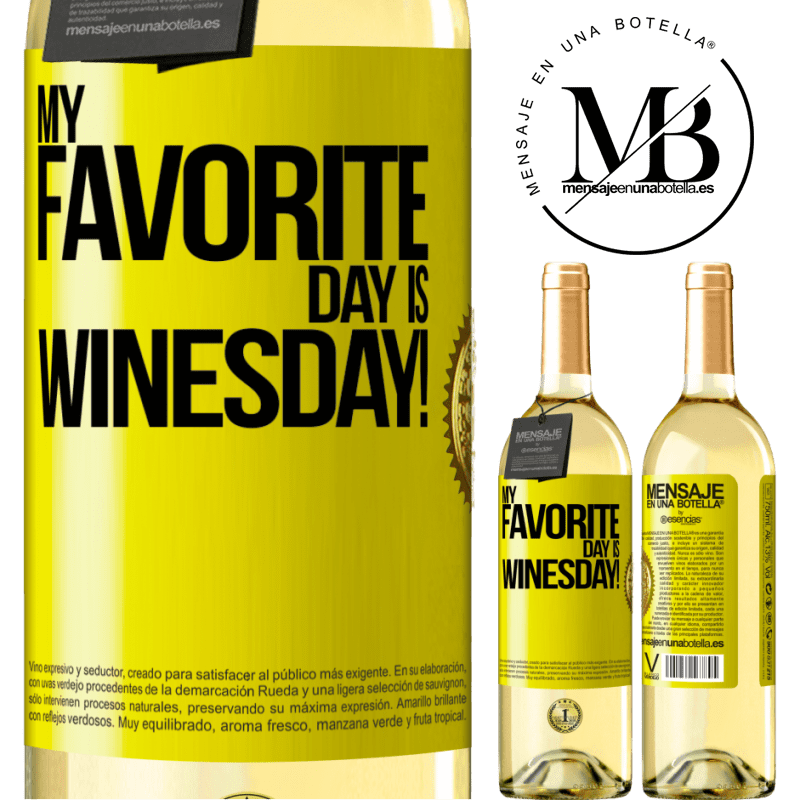 29,95 € Envío gratis | Vino Blanco Edición WHITE My favorite day is winesday! Etiqueta Amarilla. Etiqueta personalizable Vino joven Cosecha 2024 Verdejo