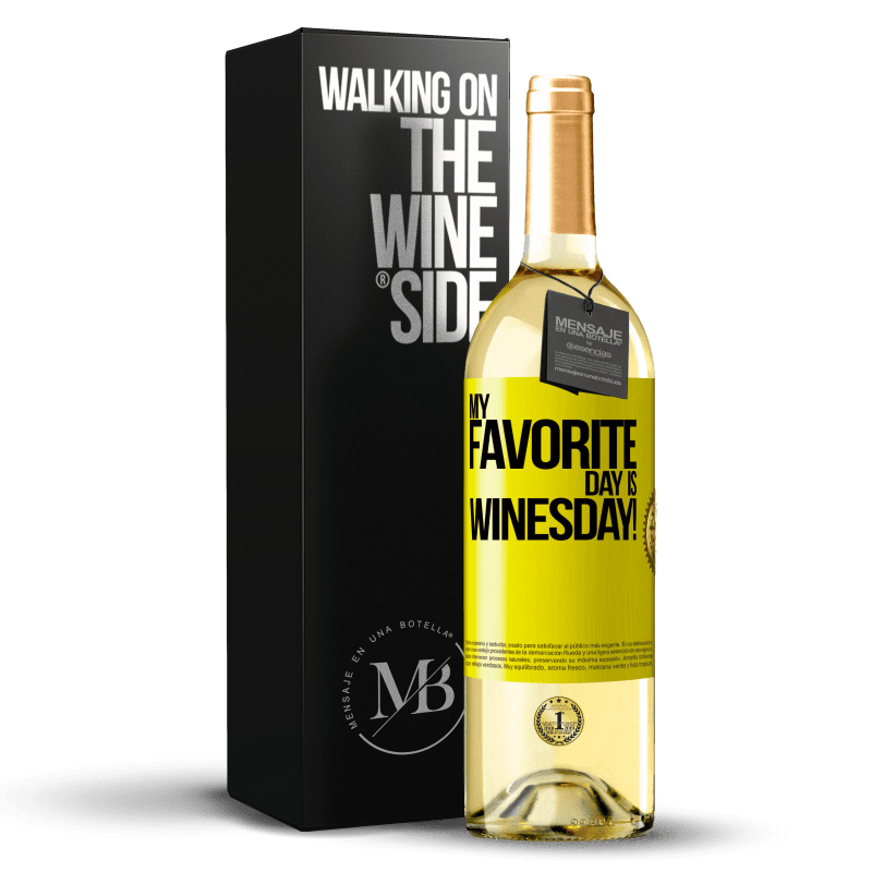 29,95 € Spedizione Gratuita | Vino bianco Edizione WHITE My favorite day is winesday! Etichetta Gialla. Etichetta personalizzabile Vino giovane Raccogliere 2024 Verdejo