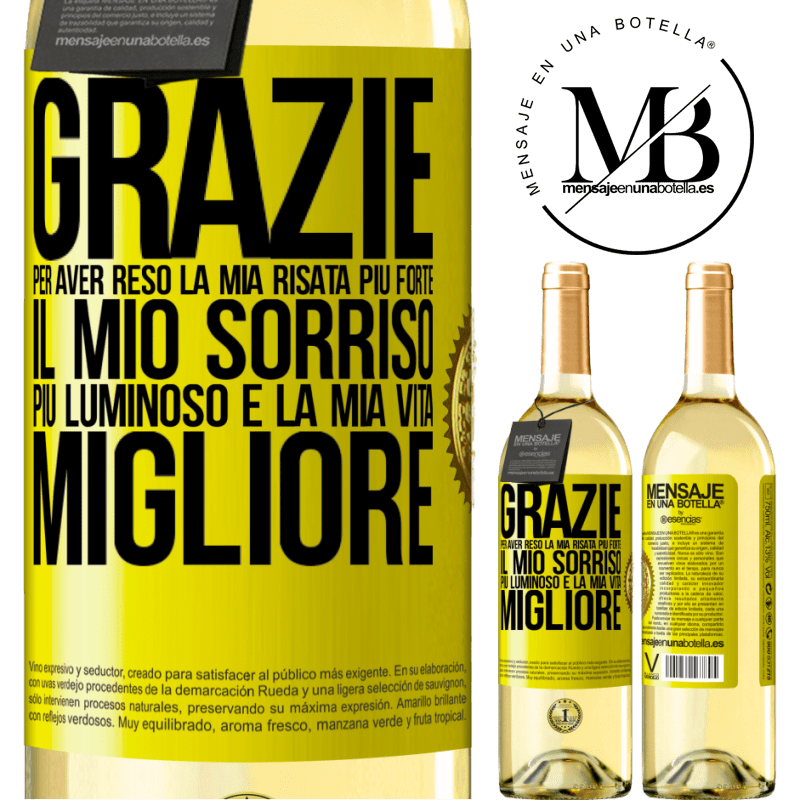 29,95 € Spedizione Gratuita | Vino bianco Edizione WHITE Grazie per aver reso la mia risata più forte, il mio sorriso più luminoso e la mia vita migliore Etichetta Gialla. Etichetta personalizzabile Vino giovane Raccogliere 2023 Verdejo