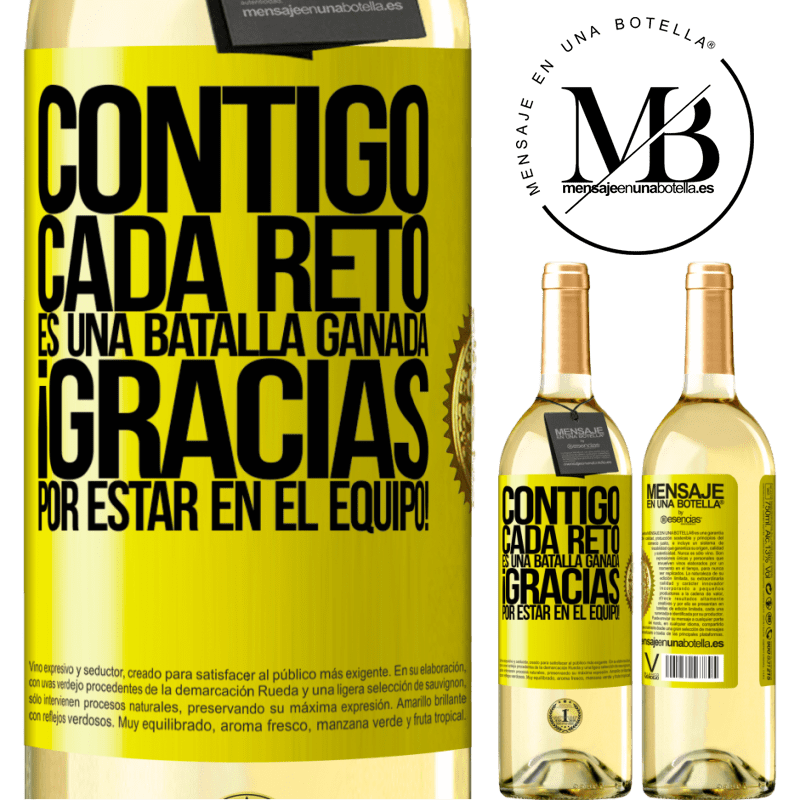 29,95 € Envío gratis | Vino Blanco Edición WHITE Contigo cada reto es una batalla ganada. Gracias por estar en el equipo! Etiqueta Amarilla. Etiqueta personalizable Vino joven Cosecha 2024 Verdejo