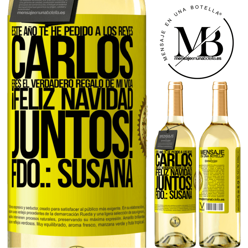 29,95 € Envoi gratuit | Vin blanc Édition WHITE Cette année, j'ai demandé aux rois. Carlos, tu es le vrai cadeau de ma vie. Joyeux Noël ensemble. Signé: Susana Étiquette Jaune. Étiquette personnalisable Vin jeune Récolte 2022 Verdejo