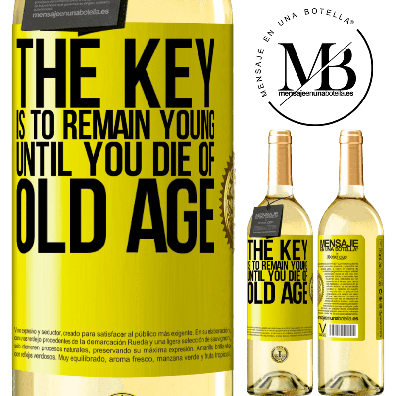 29,95 € Free Shipping | White Wine WHITE Edition The key is to remain young until you die of old age Yellow Label. Customizable label Young wine Harvest 2022 Verdejo