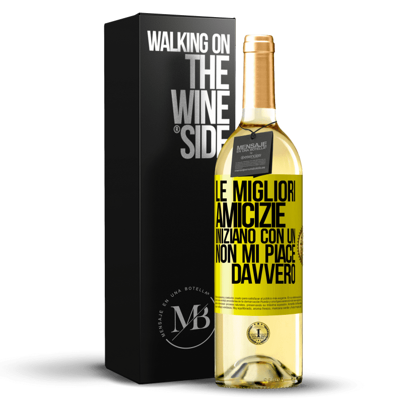 29,95 € Spedizione Gratuita | Vino bianco Edizione WHITE Le migliori amicizie iniziano con un Non mi piace davvero Etichetta Gialla. Etichetta personalizzabile Vino giovane Raccogliere 2025 Verdejo