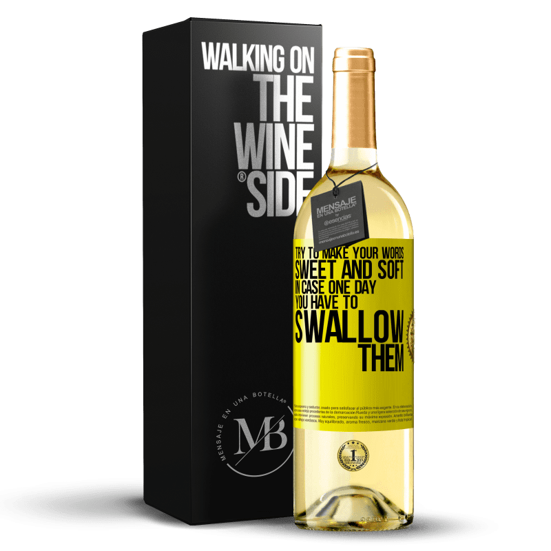 29,95 € 送料無料 | 白ワイン WHITEエディション いつかあなたがそれらを飲み込まなければならない場合に備えて、あなたの言葉を甘くて柔らかいものにしてください 黄色のラベル. カスタマイズ可能なラベル 若いワイン 収穫 2023 Verdejo