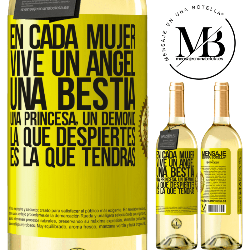 29,95 € Envío gratis | Vino Blanco Edición WHITE En cada mujer vive un ángel, una bestia, una princesa, un demonio. La que despiertes es la que tendrás Etiqueta Amarilla. Etiqueta personalizable Vino joven Cosecha 2024 Verdejo