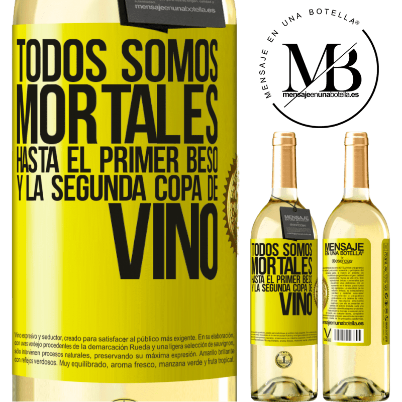 29,95 € Envío gratis | Vino Blanco Edición WHITE Todos somos mortales hasta el primer beso y la segunda copa de vino Etiqueta Amarilla. Etiqueta personalizable Vino joven Cosecha 2024 Verdejo