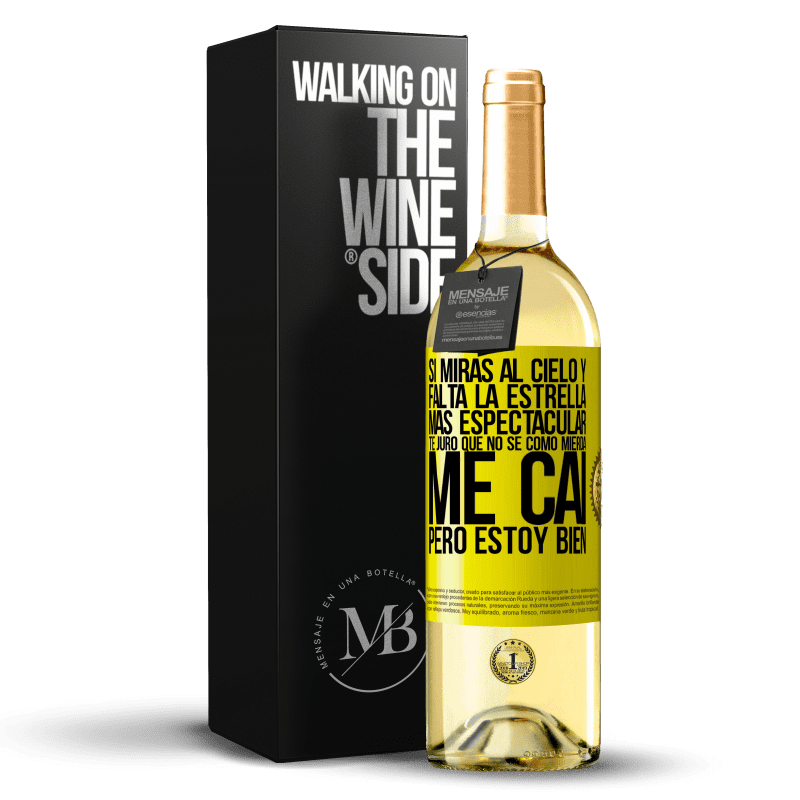 29,95 € Envío gratis | Vino Blanco Edición WHITE Si miras al cielo y falta la estrella más espectacular, te juro que no sé cómo mierda me caí, pero estoy bien Etiqueta Amarilla. Etiqueta personalizable Vino joven Cosecha 2024 Verdejo