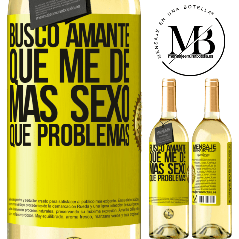 29,95 € Envío gratis | Vino Blanco Edición WHITE Busco amante que me de más sexo que problemas Etiqueta Amarilla. Etiqueta personalizable Vino joven Cosecha 2023 Verdejo