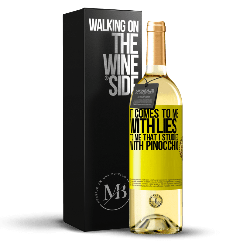 29,95 € Free Shipping | White Wine WHITE Edition It comes to me with lies. To me that I studied with Pinocchio Yellow Label. Customizable label Young wine Harvest 2023 Verdejo