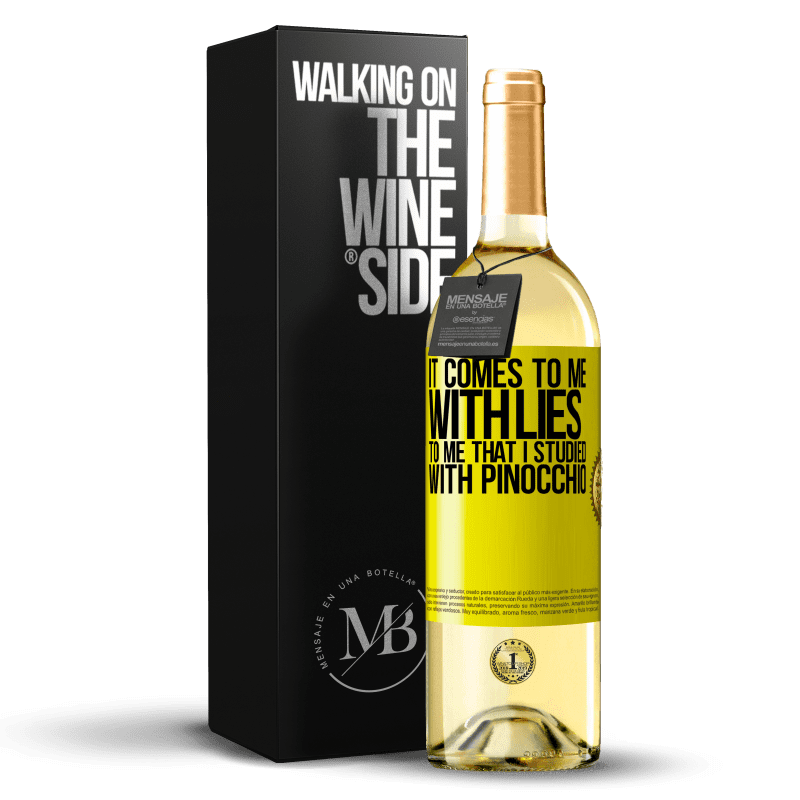 29,95 € Free Shipping | White Wine WHITE Edition It comes to me with lies. To me that I studied with Pinocchio Yellow Label. Customizable label Young wine Harvest 2024 Verdejo