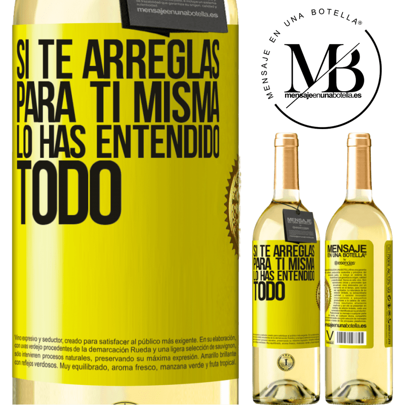 29,95 € Envío gratis | Vino Blanco Edición WHITE Si te arreglas para ti misma, lo has entendido todo Etiqueta Amarilla. Etiqueta personalizable Vino joven Cosecha 2023 Verdejo