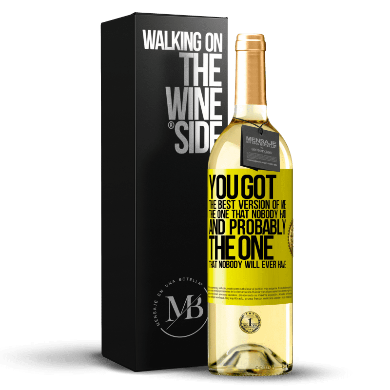 29,95 € Free Shipping | White Wine WHITE Edition You got the best version of me, the one that nobody had and probably the one that nobody will ever have Yellow Label. Customizable label Young wine Harvest 2023 Verdejo