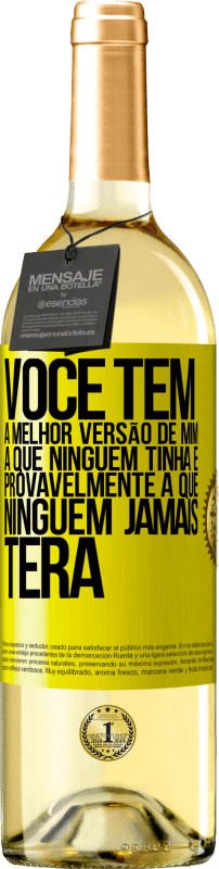 29,95 € | Vinho branco Edição WHITE Você tem a melhor versão de mim, a que ninguém tinha e provavelmente a que ninguém jamais terá Etiqueta Amarela. Etiqueta personalizável Vinho jovem Colheita 2024 Verdejo