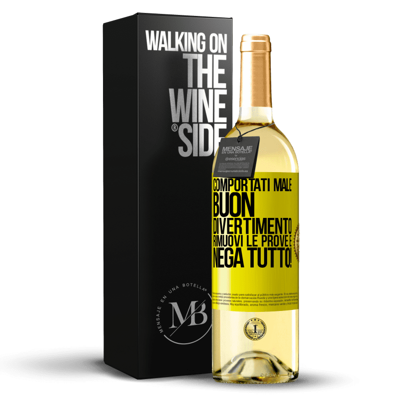 29,95 € Spedizione Gratuita | Vino bianco Edizione WHITE Comportati male. Buon divertimento Rimuovi le prove e ... Nega tutto! Etichetta Gialla. Etichetta personalizzabile Vino giovane Raccogliere 2025 Verdejo
