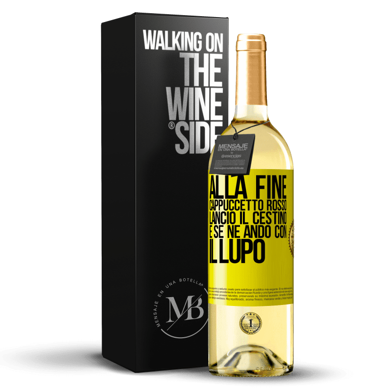 29,95 € Spedizione Gratuita | Vino bianco Edizione WHITE Alla fine, Cappuccetto Rosso lanciò il cestino e se ne andò con il lupo Etichetta Gialla. Etichetta personalizzabile Vino giovane Raccogliere 2025 Verdejo