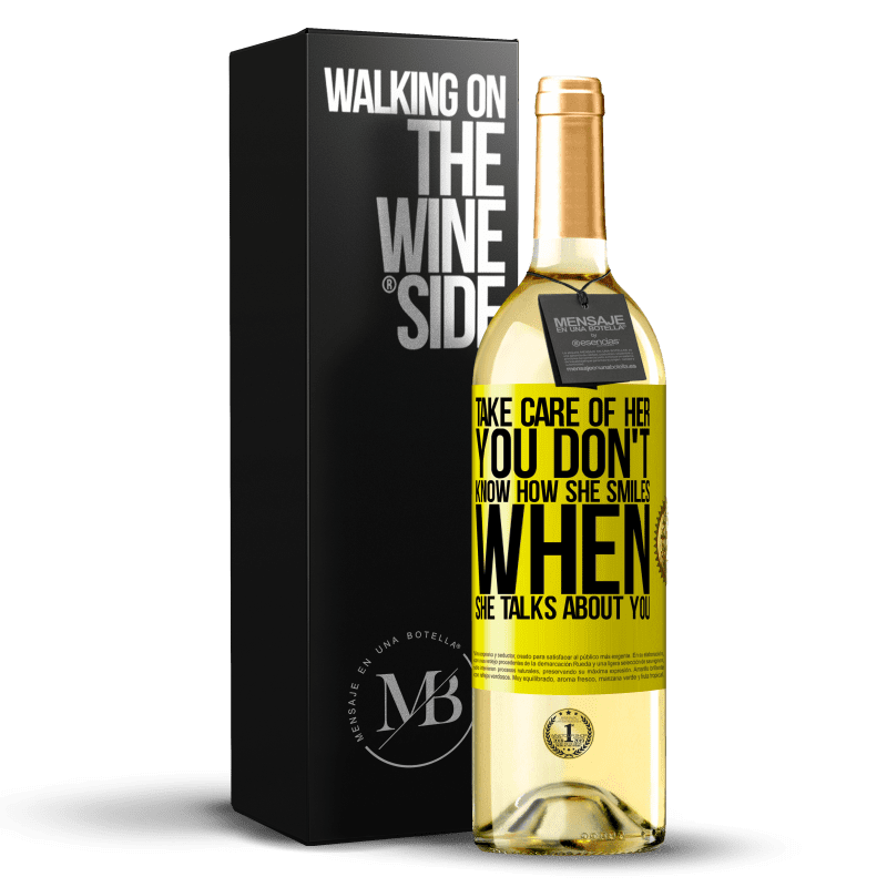29,95 € Free Shipping | White Wine WHITE Edition Take care of her. You don't know how he smiles when he talks about you Yellow Label. Customizable label Young wine Harvest 2024 Verdejo